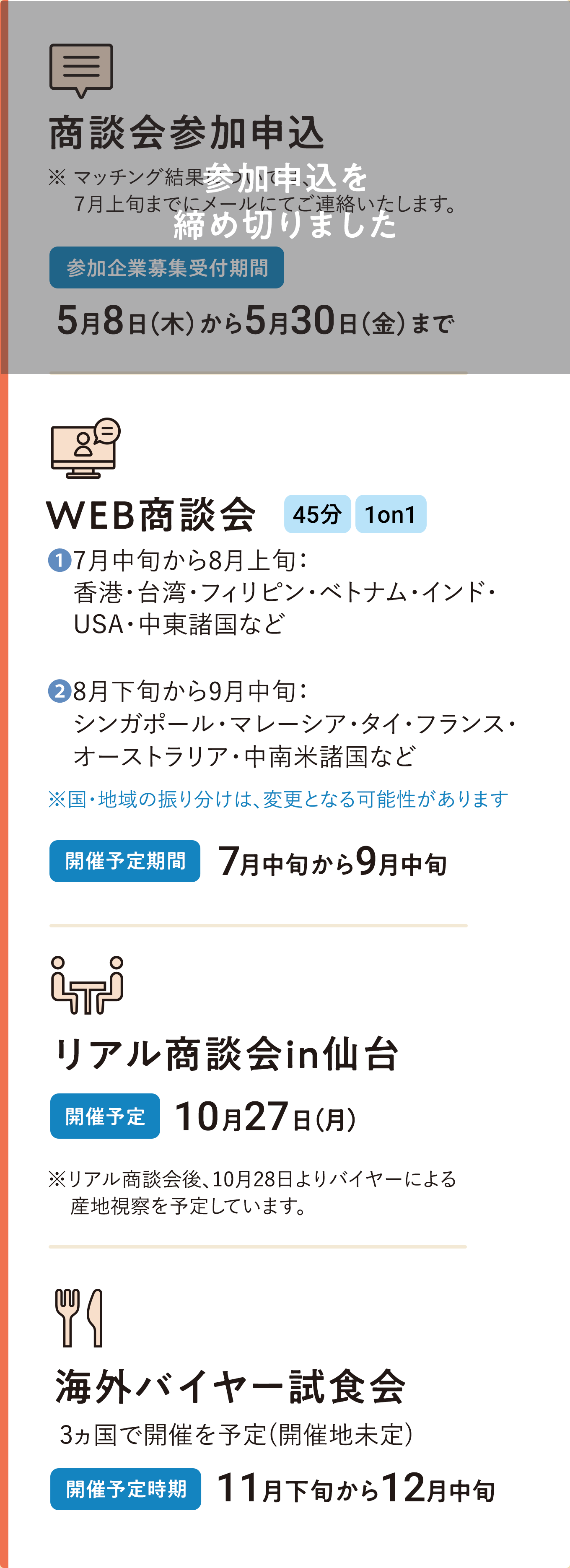 Step 1 商談会参加申込 Step2 WEB商談会 Step3 リアル商談会in仙台 Step4 海外バイヤー試食会